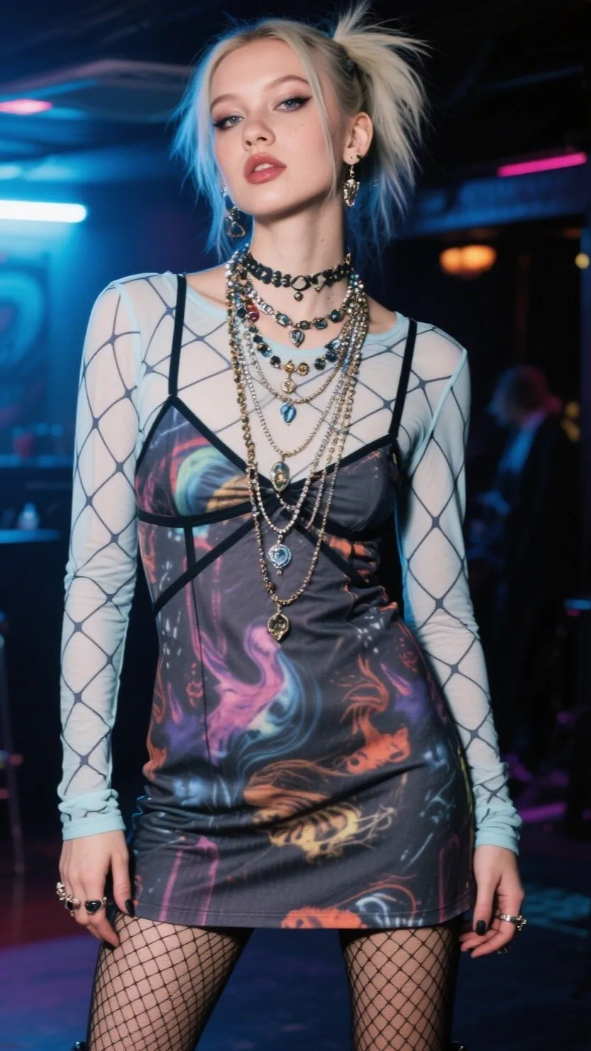 7. Mesh Long-Sleeve + Cami Dress + Layered Necklaces | Club Kid Redux