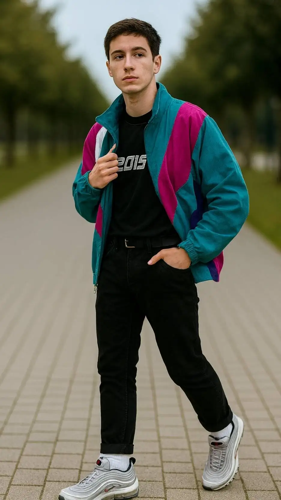 Teal-Purple Windbreaker + Black Tee + Black Pants + White Socks + Nike Air Max 97