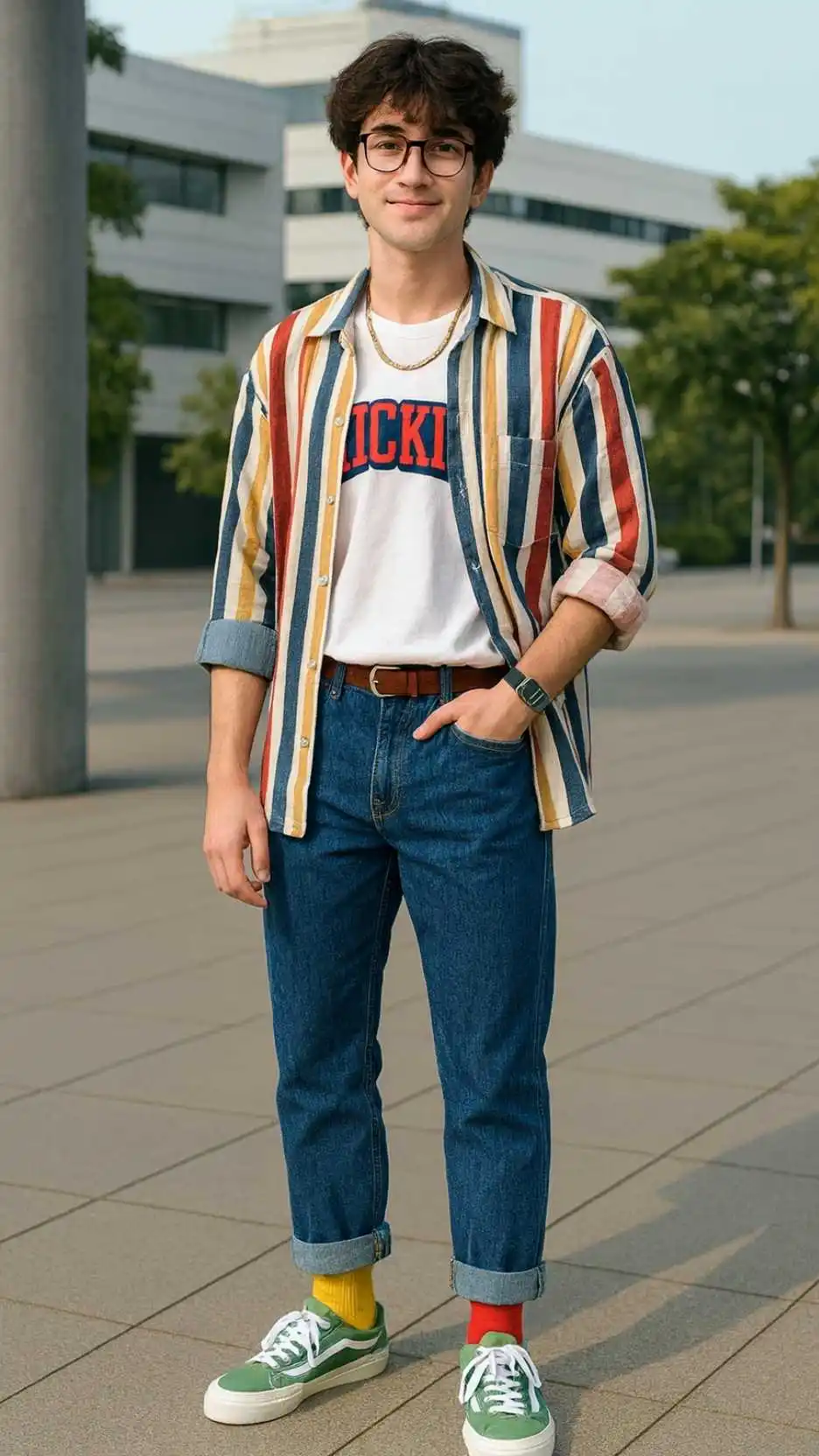Multicolor Striped Shirt + White Graphic Tee + Corduroy Jeans + Mismatched Socks + Green Vans