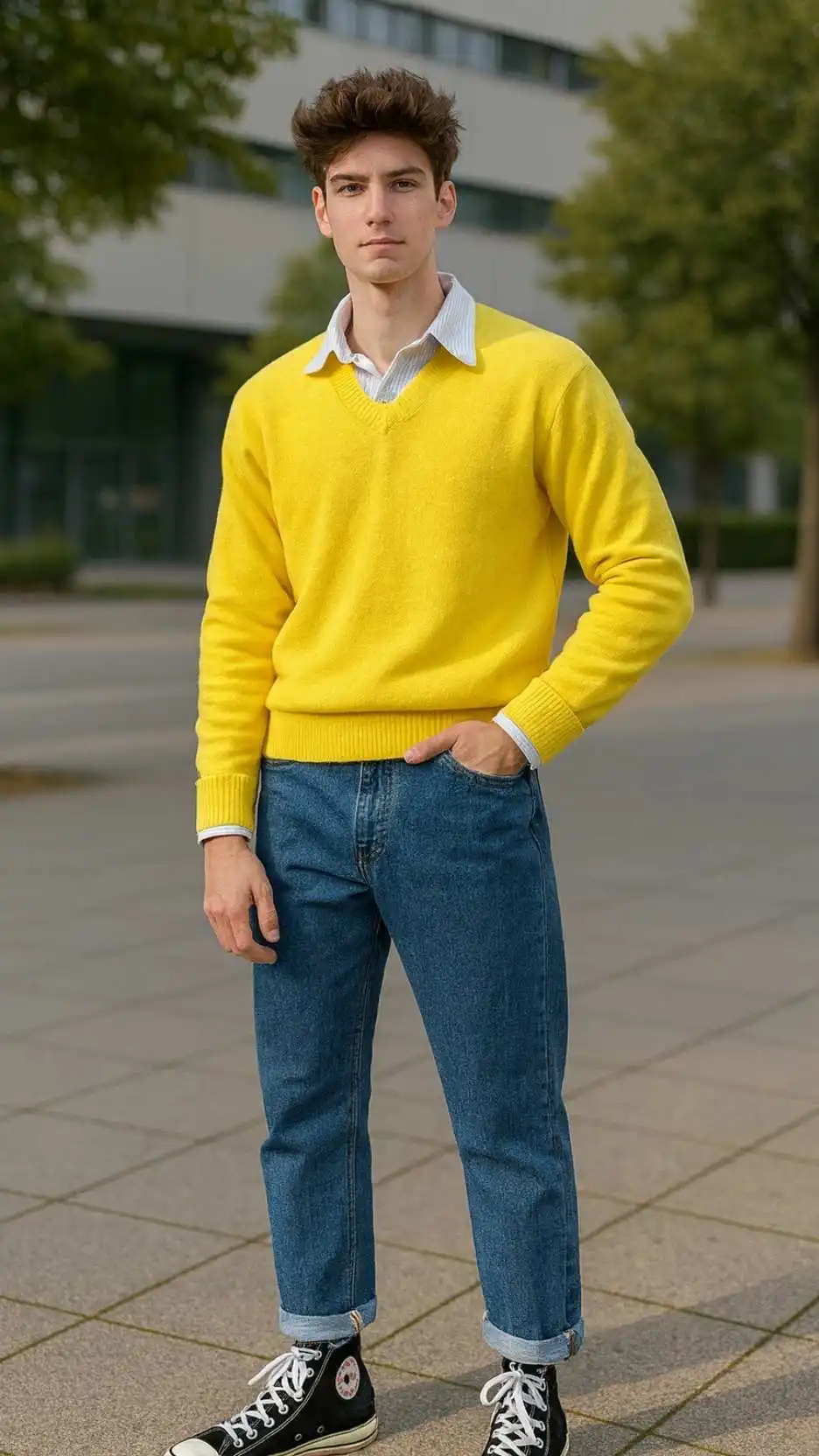 Yellow Sweater + Blue Collar Shirt + Cropped Jeans + White Socks + Black Converse