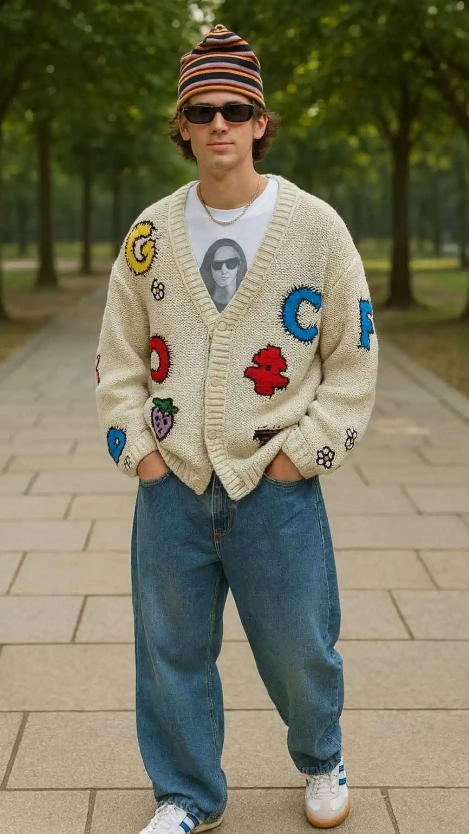 Crochet Patch Cardigan + Graphic Tee + Baggy Jeans + White-Blue Sneakers + Striped Beanie