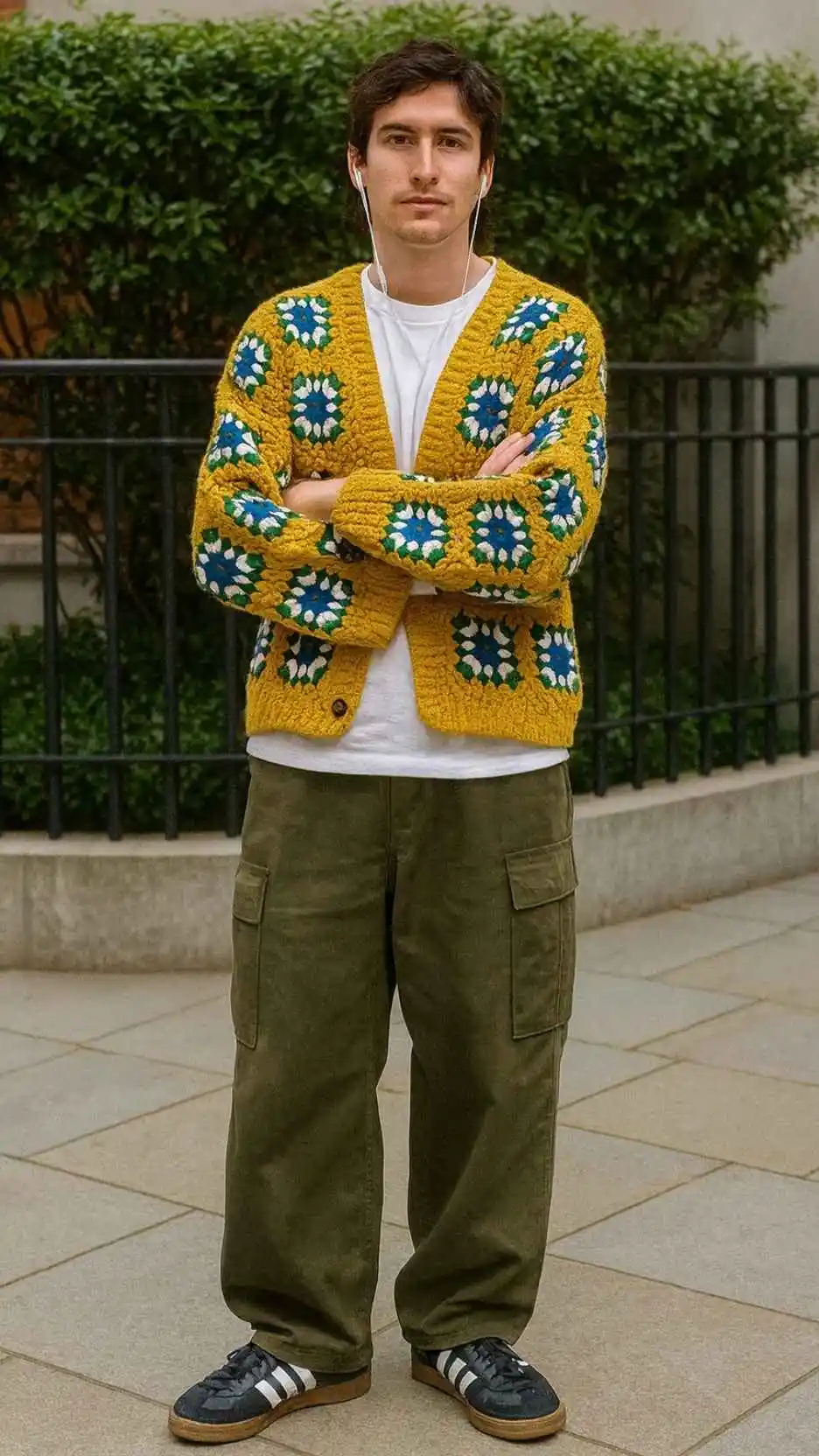 Yellow Crochet Cardigan + White Tee + Olive Cargo Pants + Black Adidas Samba + Earphones