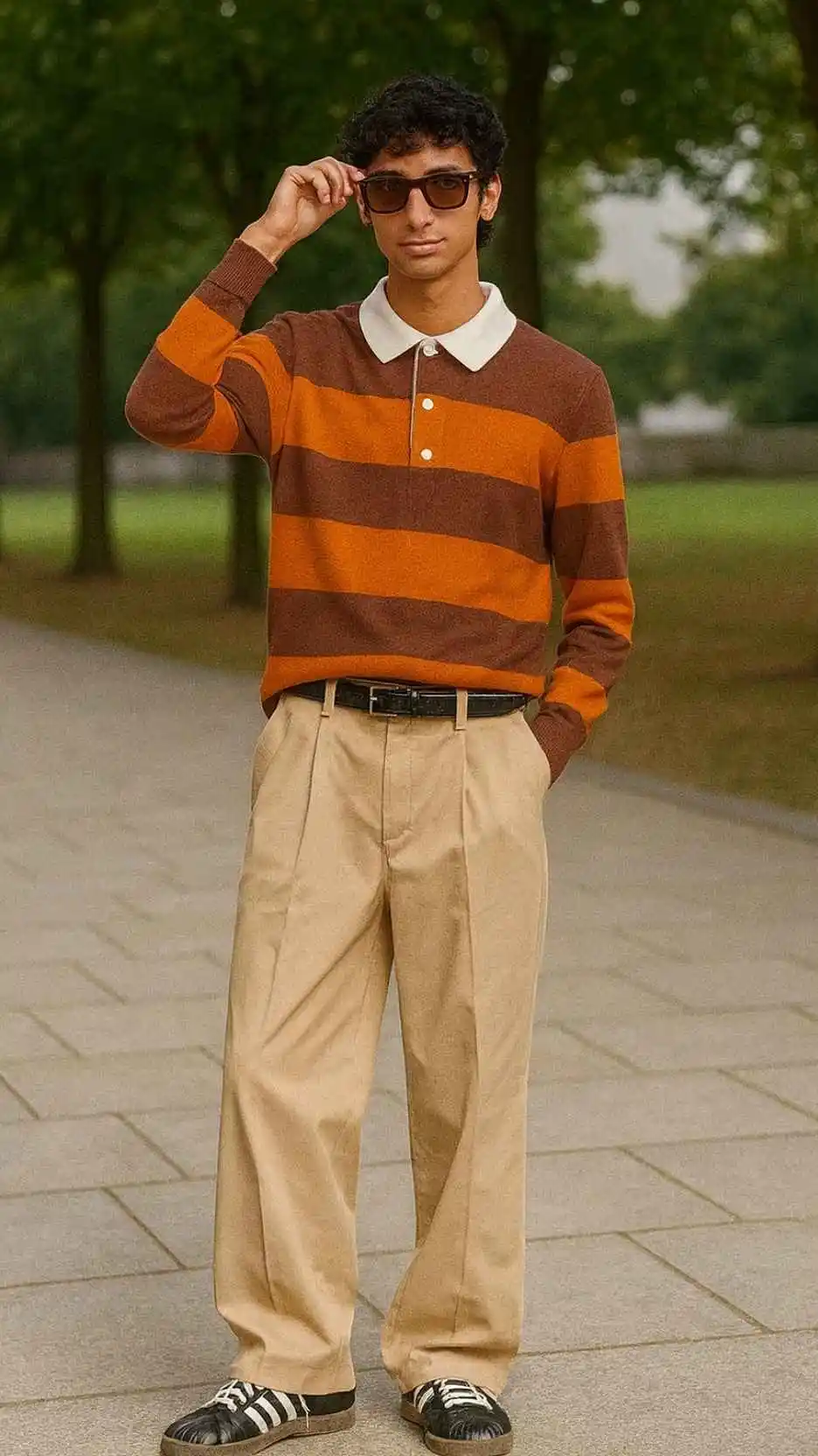 Rugby Stripe Shirt + Beige Wide Trousers + Black Leather Trainers + Wire Glasses + Belt