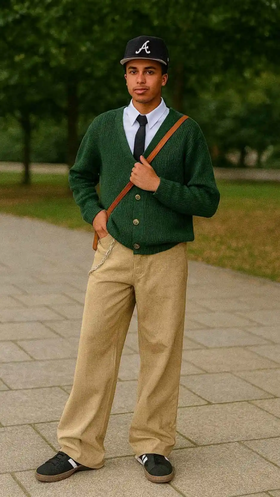 Green Cardigan + Blue Shirt + Black Tie + Sand Wide Trousers + Black Sneakers + Chain + Cap