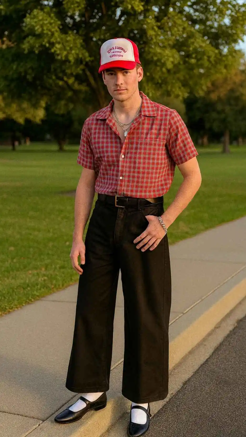 Red Checkered Shirt + White Tank + Black Wide Pants + White Socks + Black Mary Janes + Trucker Hat