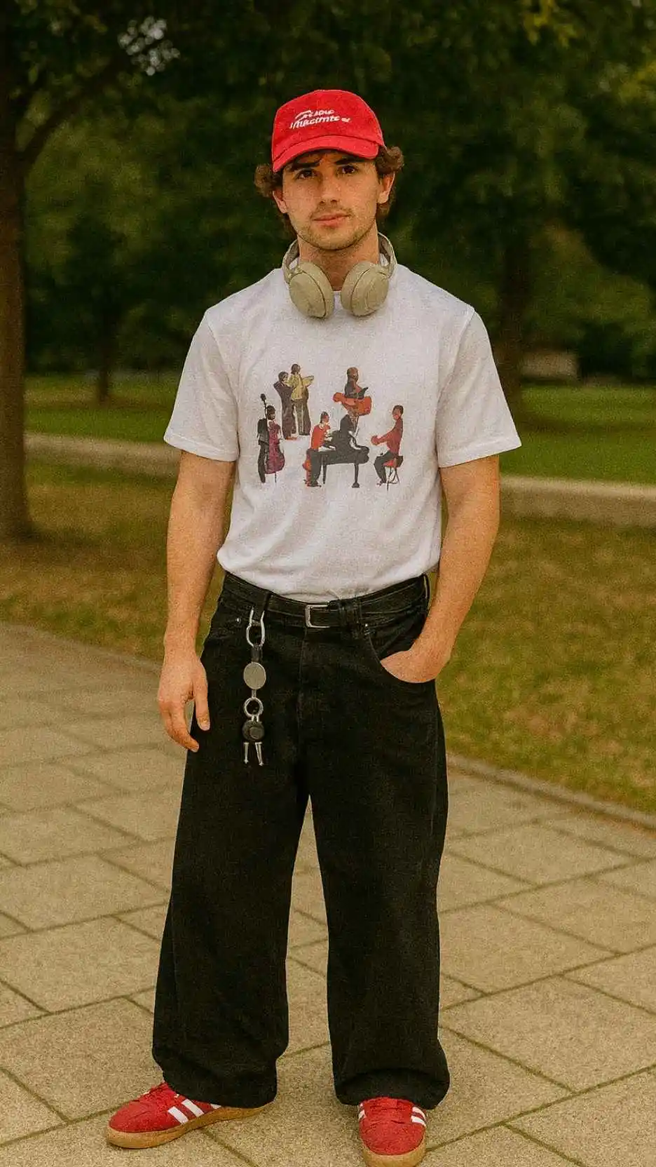 Graphic Tee + Black Wide Jeans + Red Adidas Sneakers + Red Cap + Headphones + Key Ring