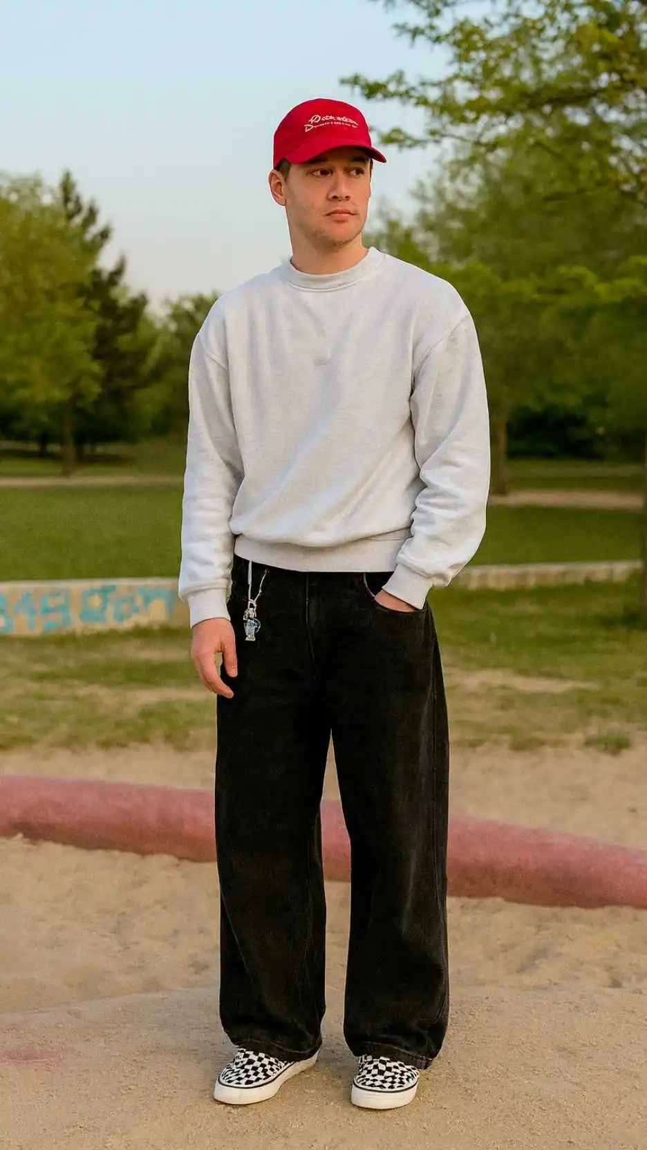 Grey Sweatshirt + Black Baggy Jeans + Checkered Vans Slip-Ons + Red Cap + Key Clip