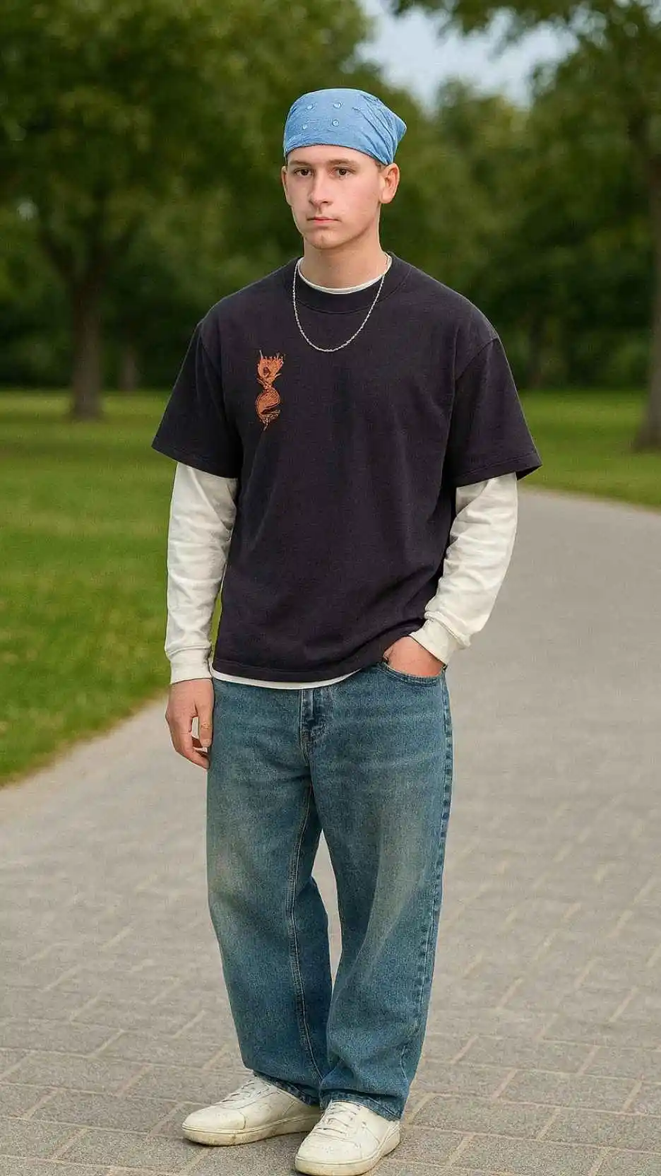 Blue Bandana + Layered Long Sleeve Under Graphic Tee + Light Wash Straight Jeans + White Sneakers