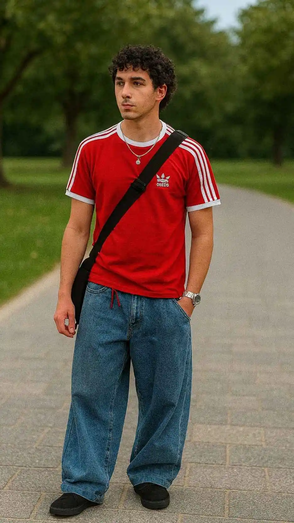 Red Adidas Tee + Baggy Light Denim Jeans + Black Skate Shoes + Crossbody Bag + Dog Tag Necklace