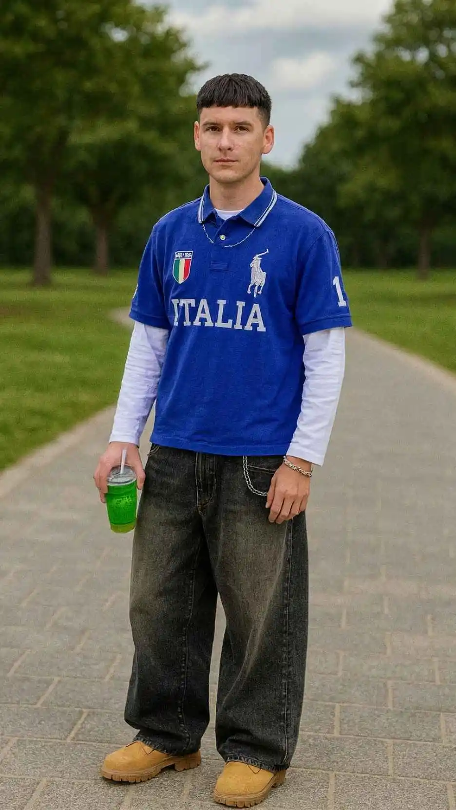 Blue Polo Jersey + Long White Sleeve Underlayer + Black Washed Baggy Jeans + Tan Timberland-Style Shoes + Wallet Chain + Drink Cup
