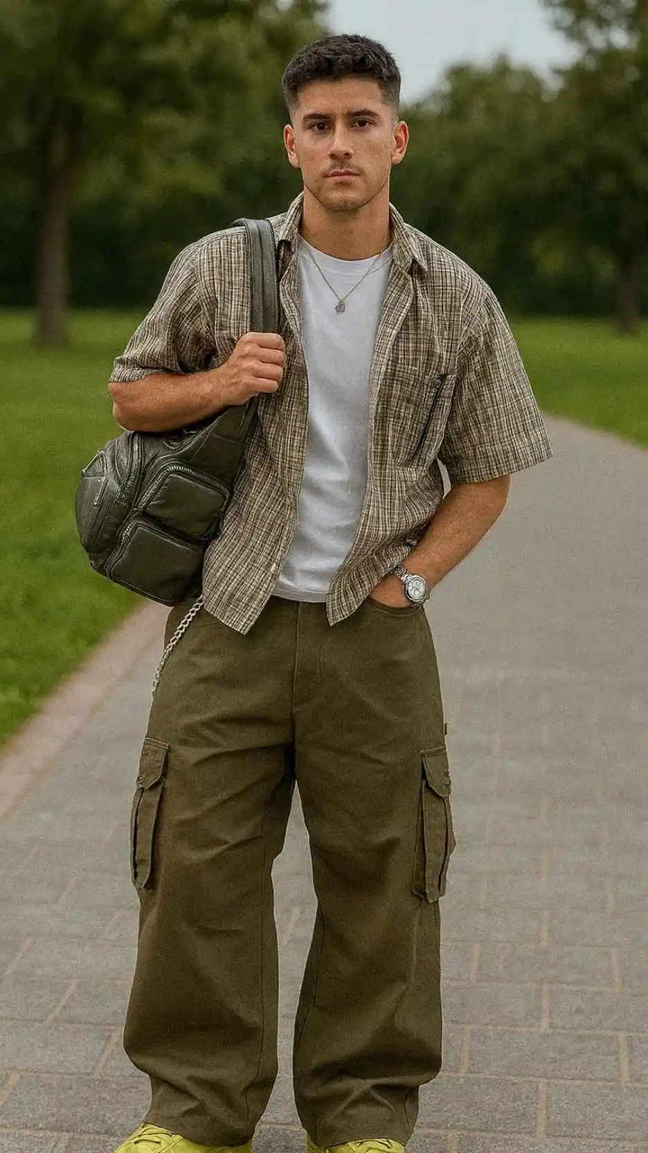 Brown Plaid Short Sleeve Shirt + White Tee + Olive Green Cargo Pants + Lime Green Air Force 1s + Silver Rings + Military Duffle Bag