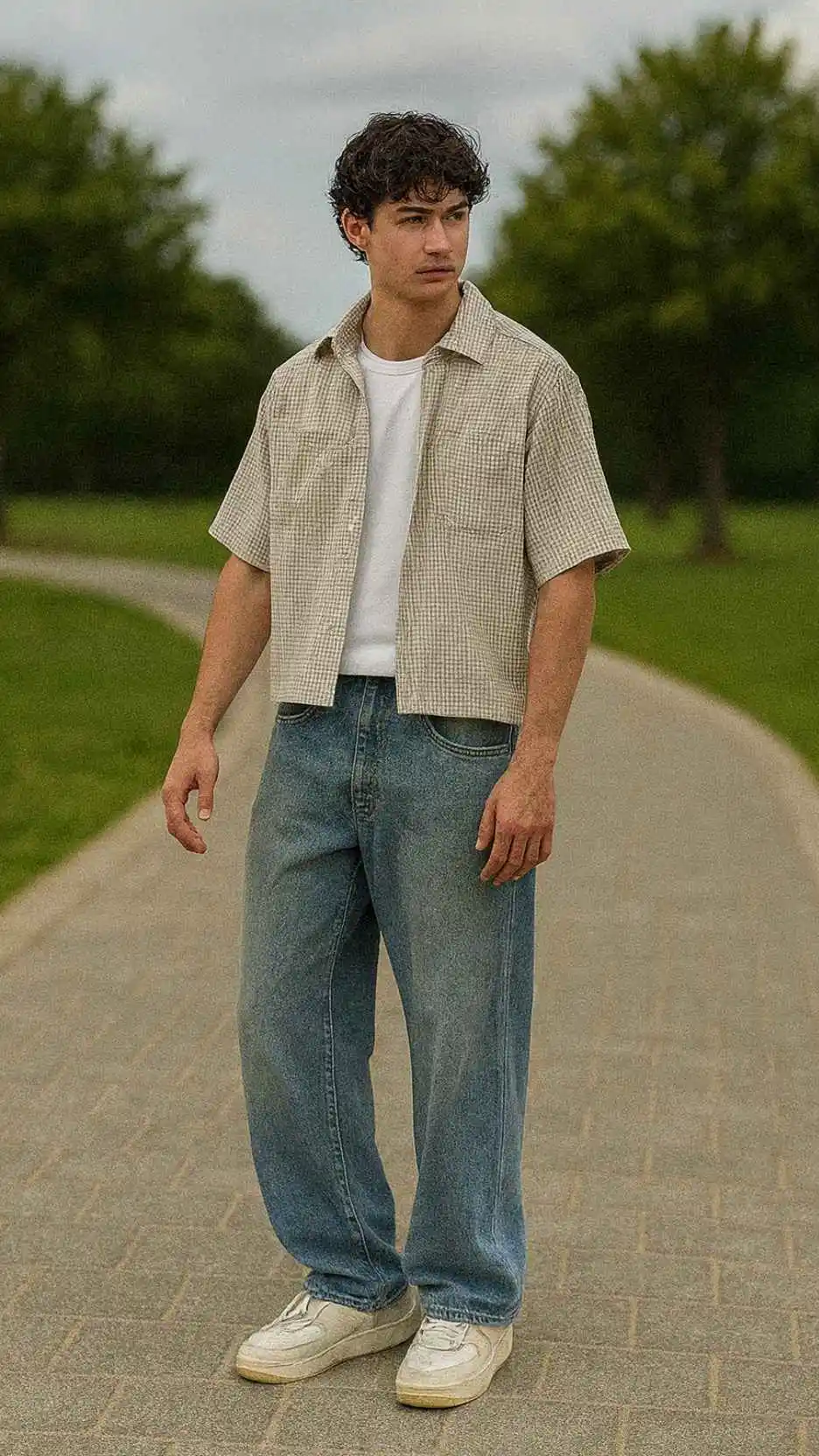 Short Sleeve Beige Button-Up + White Tank + Wide Leg Light Denim + Off-White Retro Sneakers
