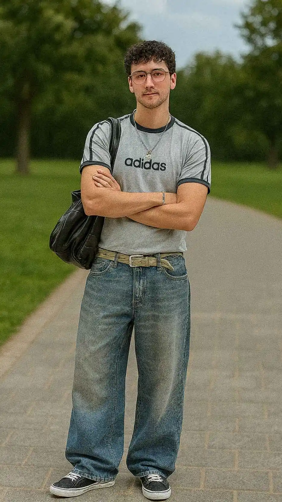 Adidas Ringer Tee + Distressed Balloon Jeans + Adidas Campus Sneakers + Red Tinted Glasses + Necklace + Leather Shoulder Bag
