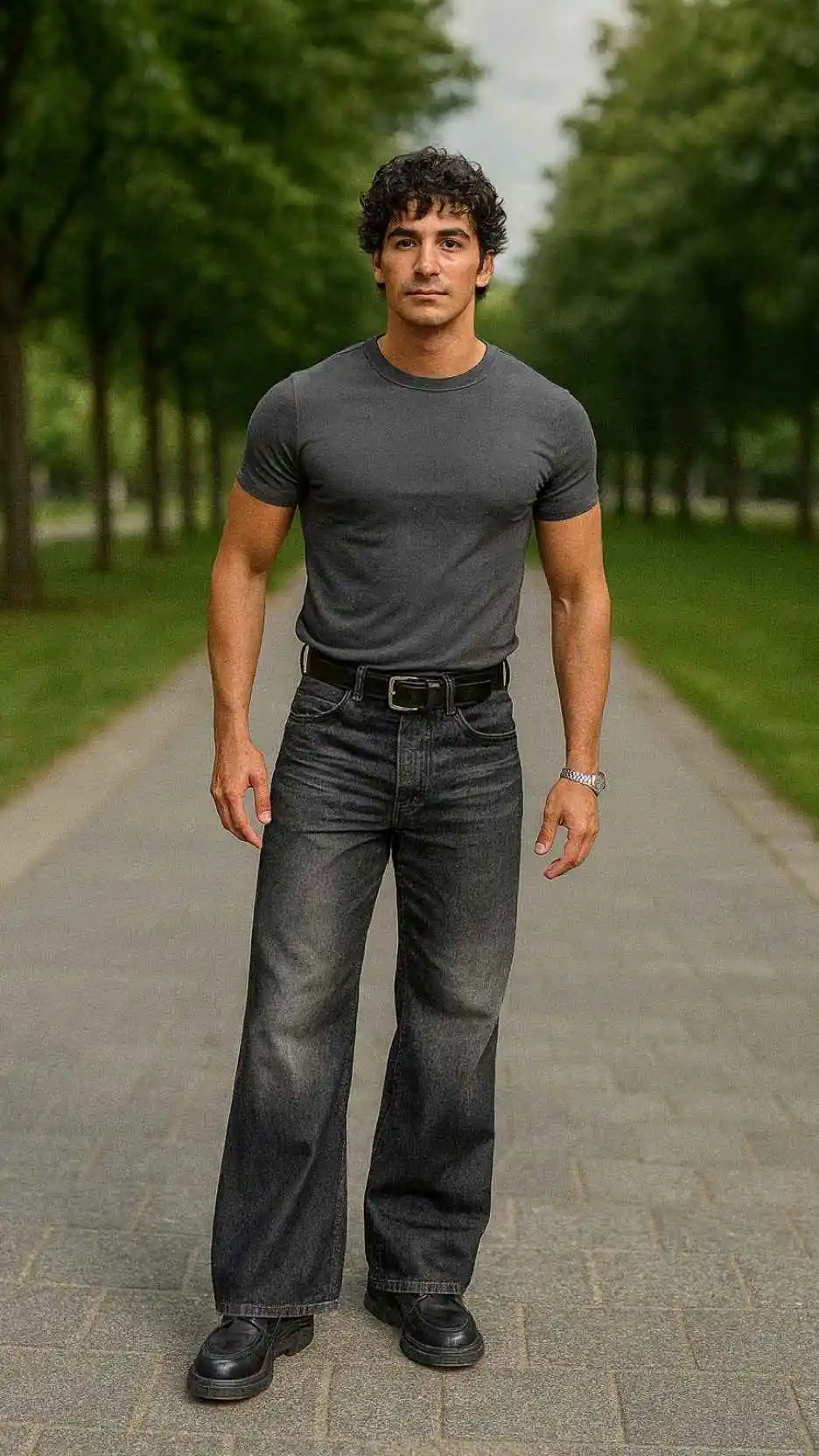 Grey Fitted Tee + Faded Black Flared Jeans + Chunky Black Loafers + Leather Belt