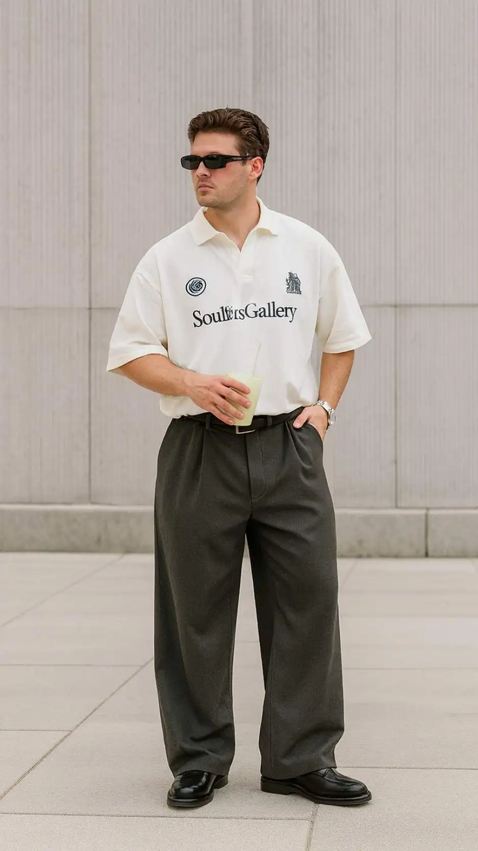 White Graphic Polo + Grey Wide-Leg Slacks + Polished Black Dress Shoes + Silver Rings + Rectangle Sunglasses + Iced Latte