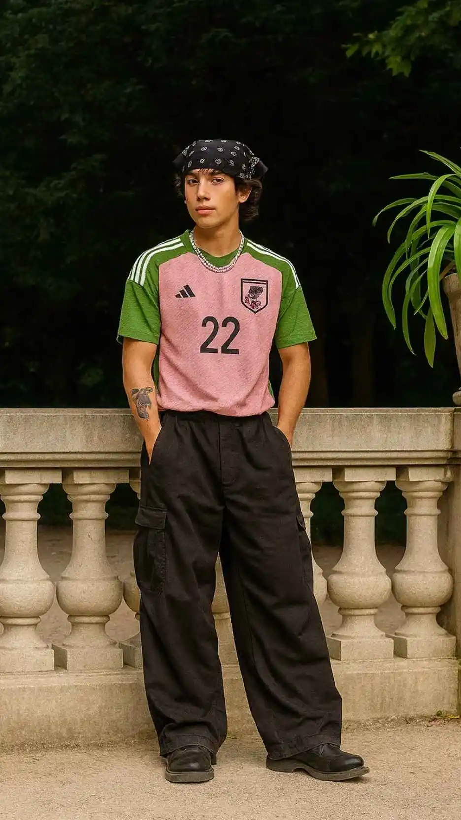 Pink & Green Football Jersey + Black Ultra-Wide Pants + Black Trainers + Beaded Necklace + Black Bandana