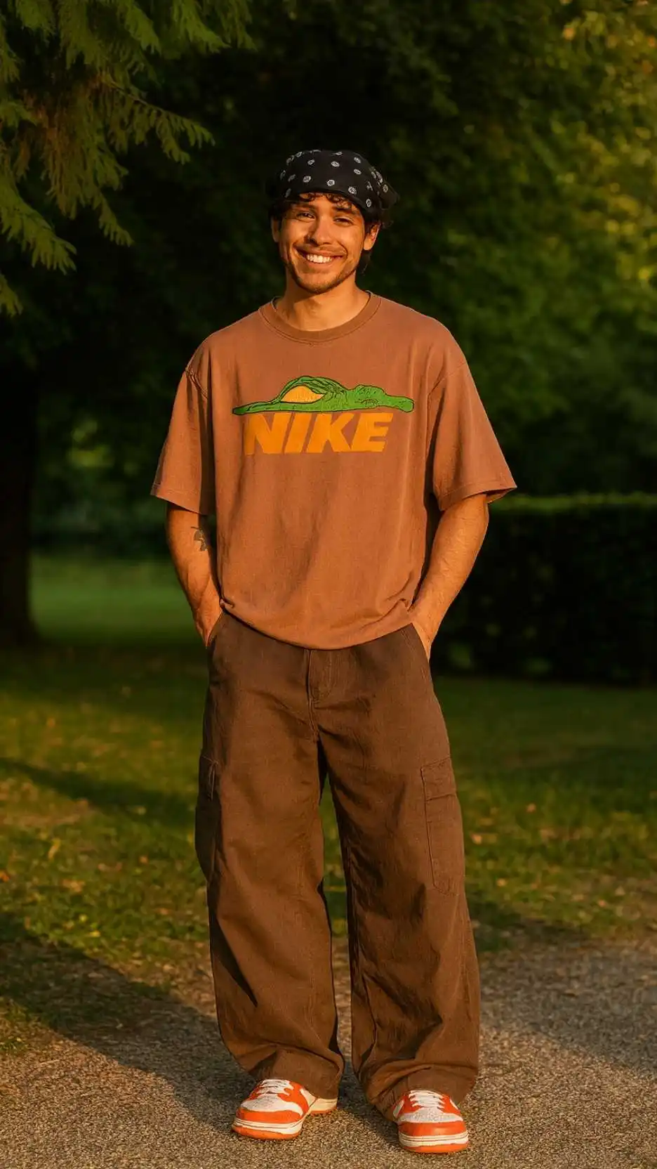 Brown Graphic Tee + Brown Baggy Cargo Pants + Orange and White Sneakers + Sunset Glow