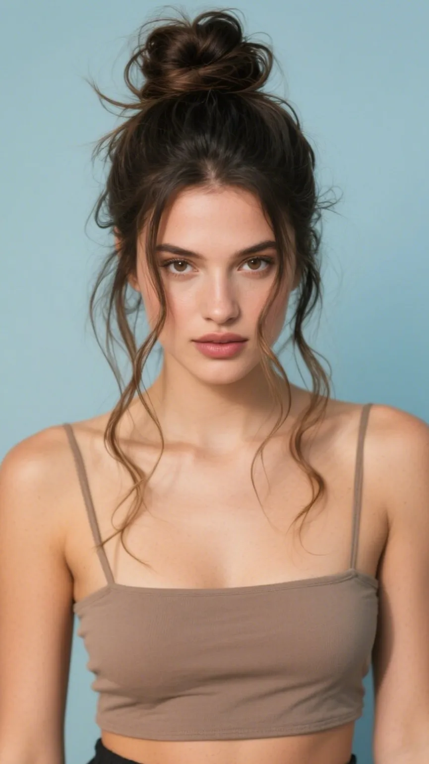 5. Face-Framing Tendrils with Messy Bun