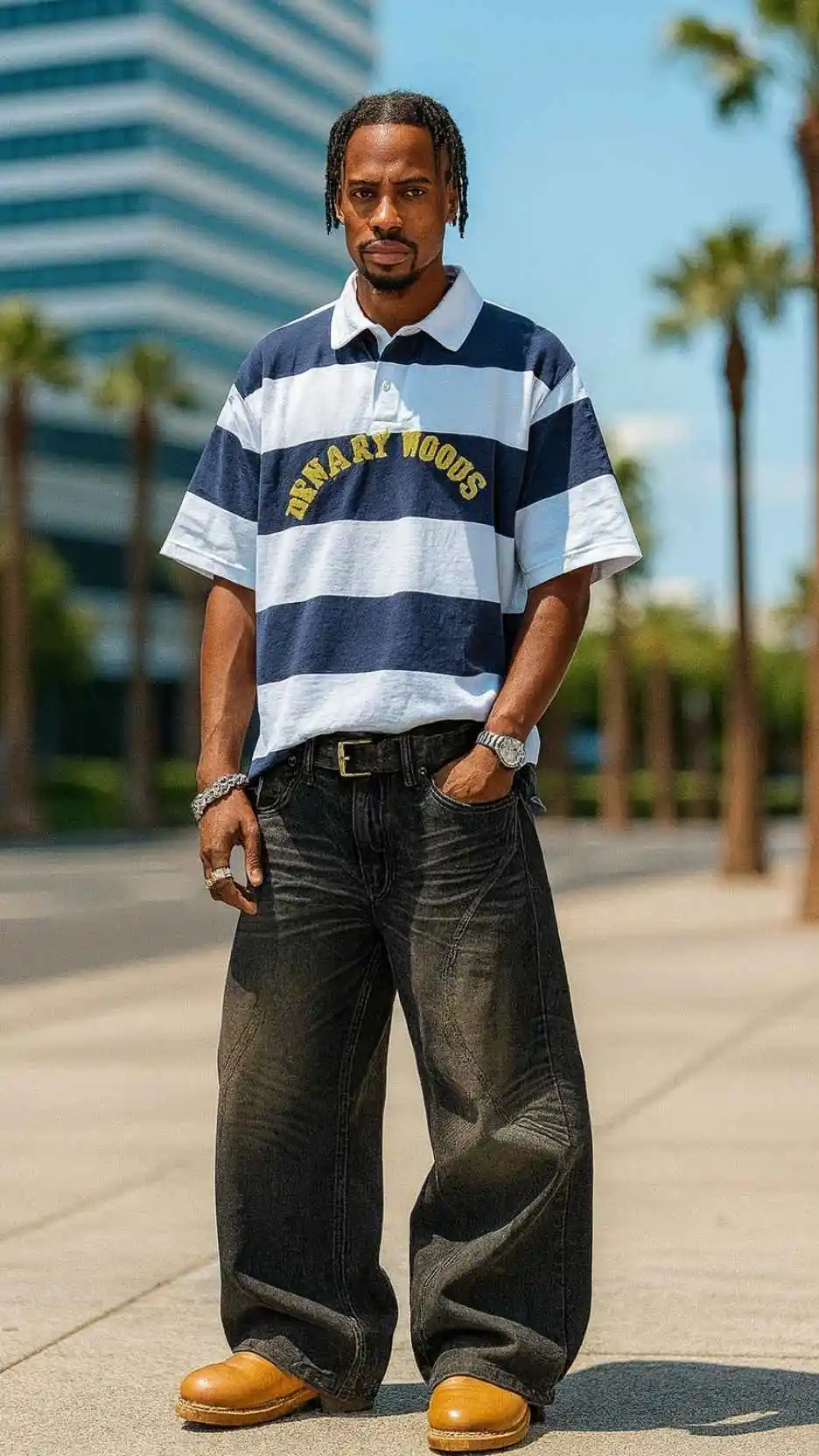 Navy Rugby Polo + Wide-Leg Black Jeans + Brown Work Boots