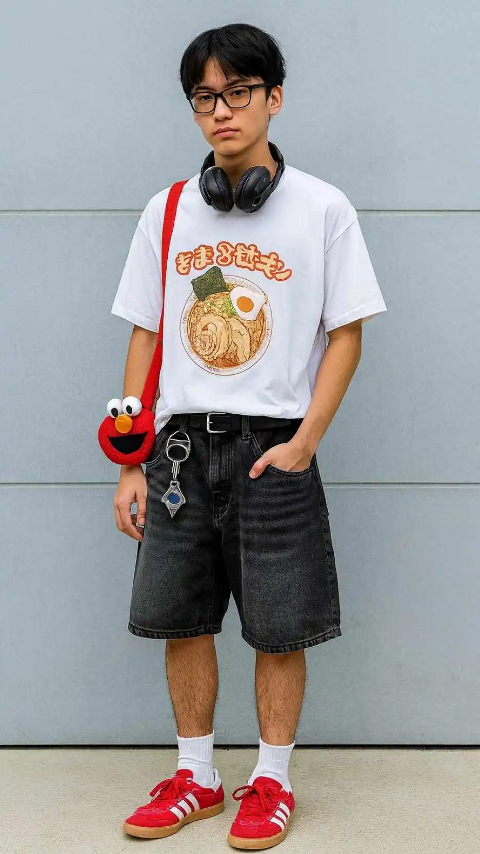 Ramen Graphic Tee + Black Denim Shorts + Red Adidas Sneakers
