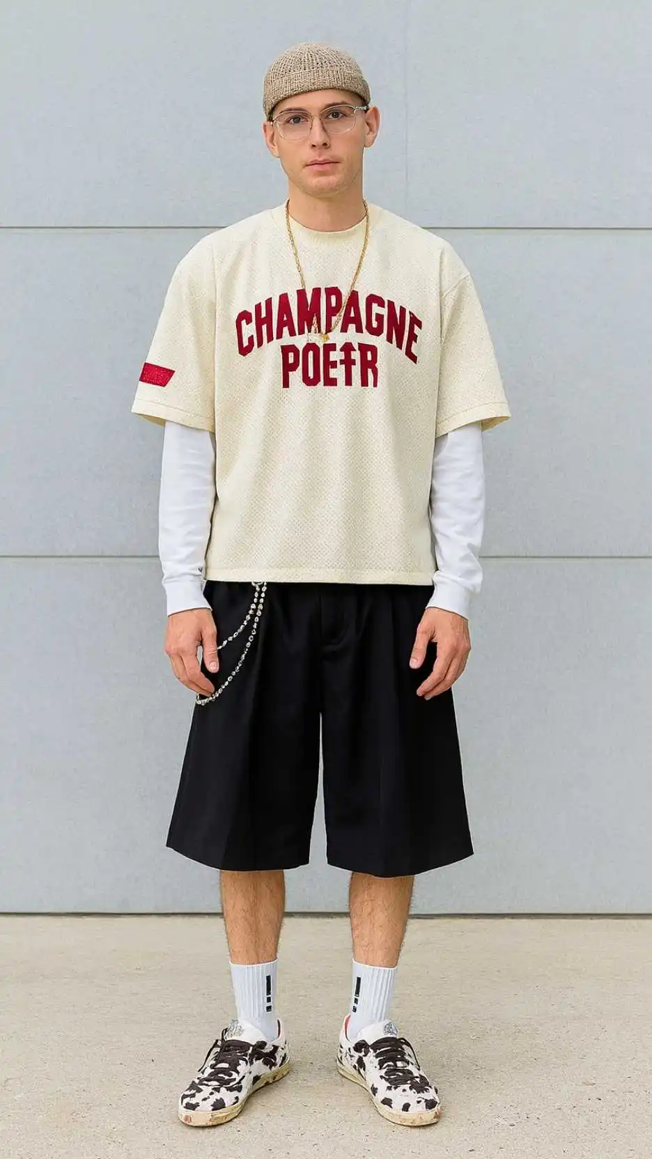 Champagne Poet Mesh Tee + White Long Sleeve + Black Wide Shorts + Cow Print Sneakers