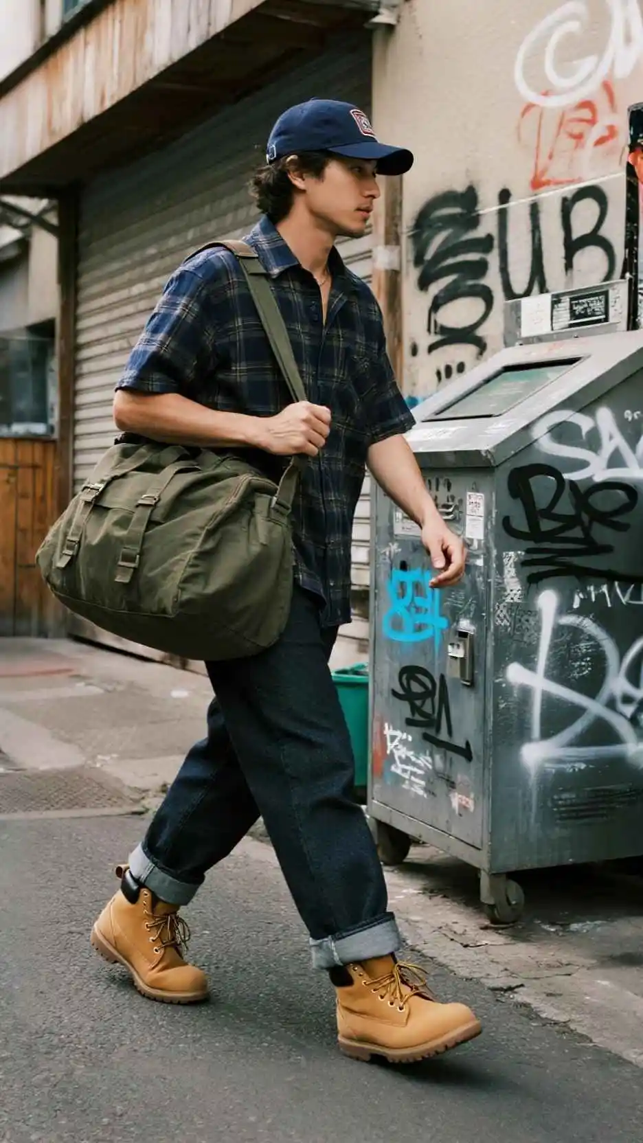 Navy Plaid Shirt + Cuffed Dark Jeans + Tan Timberland Boots