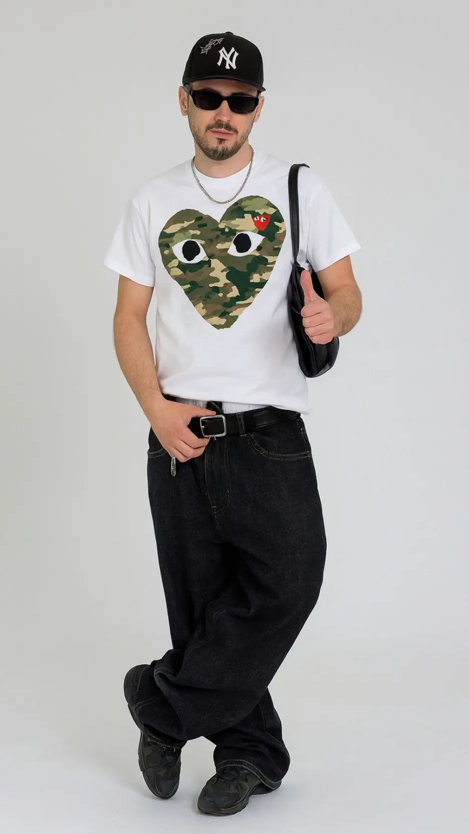 Camo Heart Tee + Wide-Leg Black Jeans + Black Sneakers
