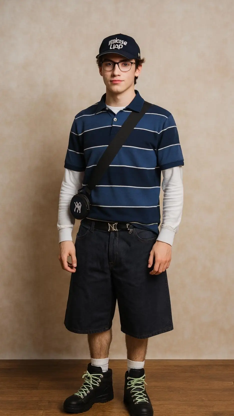 Navy Stripe Polo + White Undershirt + Black Shorts + Black Hiking Boots w/ Green Laces