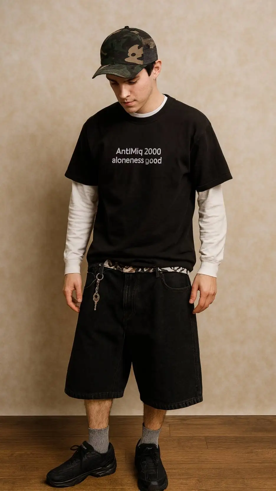 AntiMiq Black Tee + White Long Sleeve + Black Shorts + Black Sneakers
