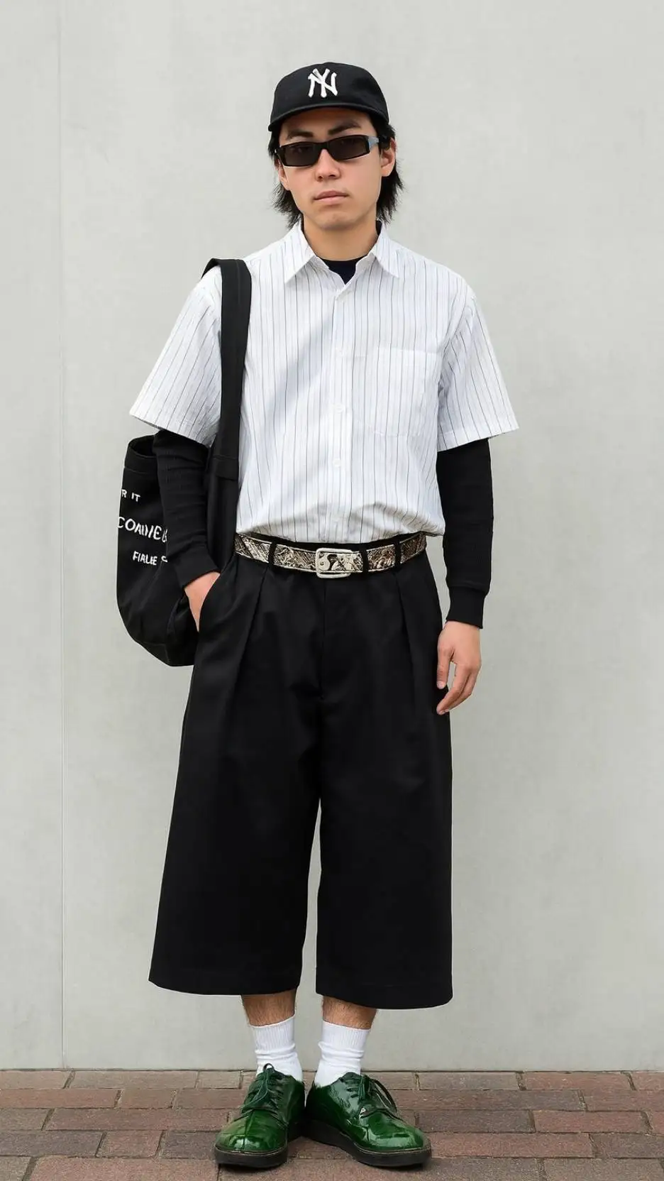 Striped Short Sleeve Shirt + Black Long Sleeve + Black Culottes + Green Loafers