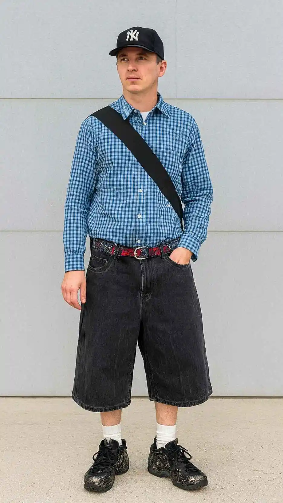 Blue Gingham Button-Up + Black Jean Shorts + Black Chunky Sneakers