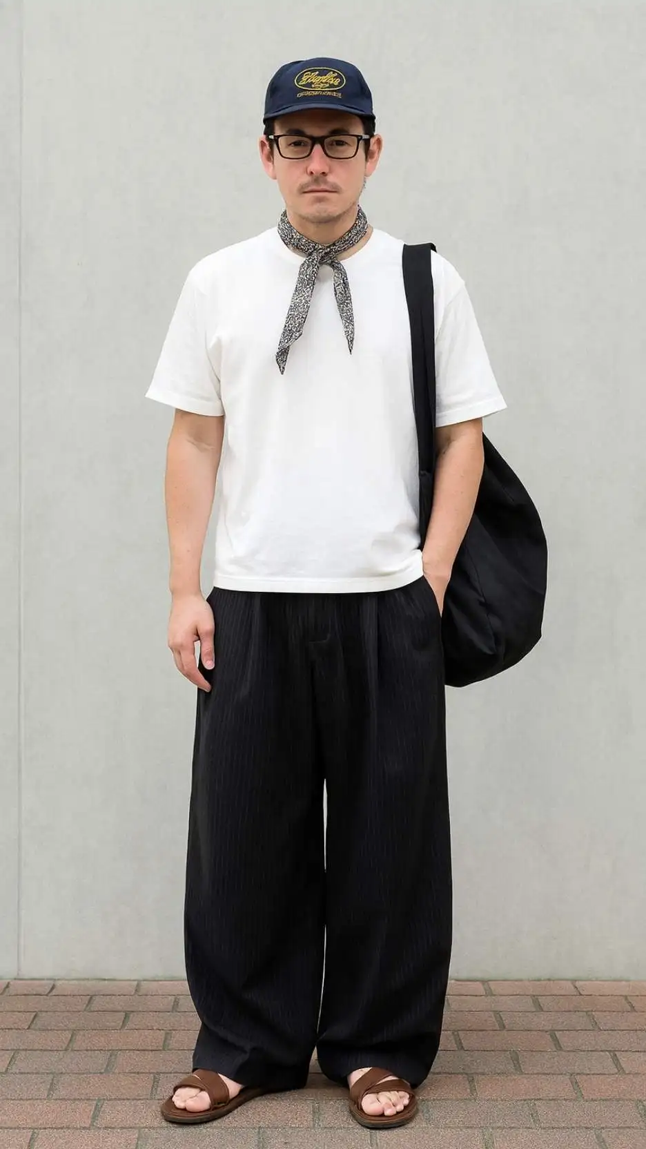 Navy Trucker Cap + Black Glasses + White Tee + Dotted Neckerchief + Wide Pinstripe Trousers + Brown Slide Sandals