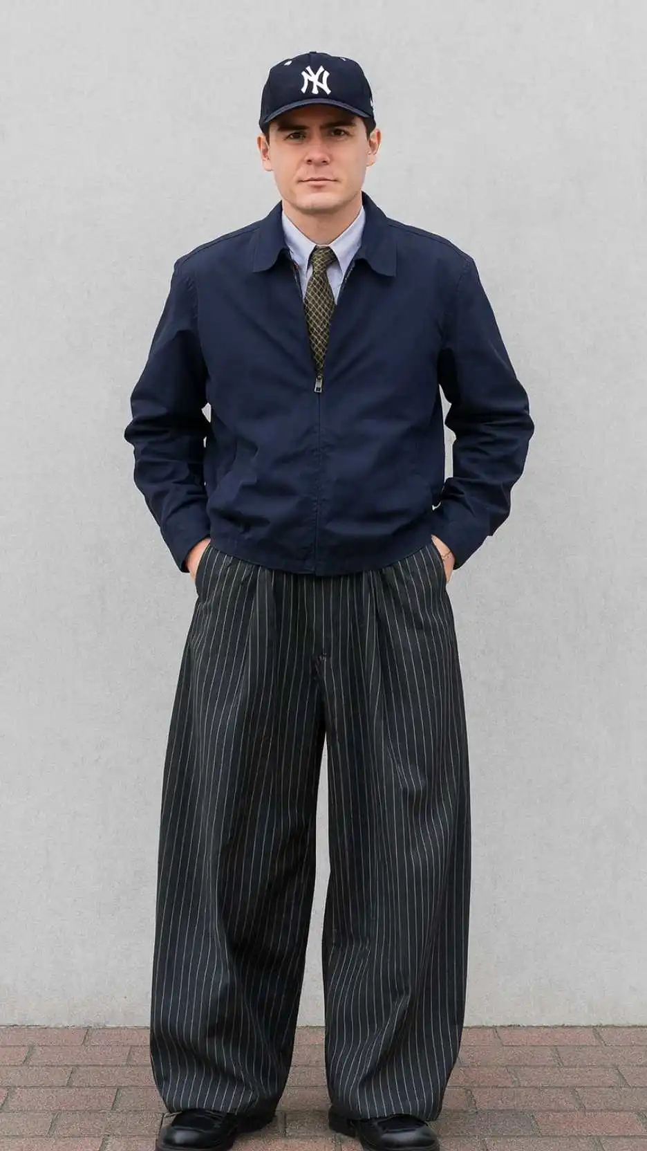 NY Cap + Sunglasses + Collared Shirt + Patterned Tie + Navy Zip-Up Jacket + Wide Pinstripe Trousers + Black Derby Shoes