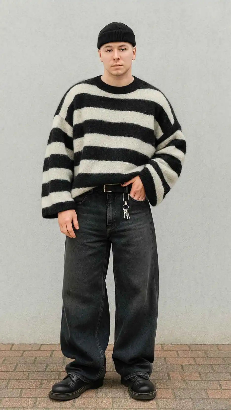 Black Beanie + Striped Fuzzy Sweater + Black Baggy Jeans + Keychain Clip + Black Platform Shoes