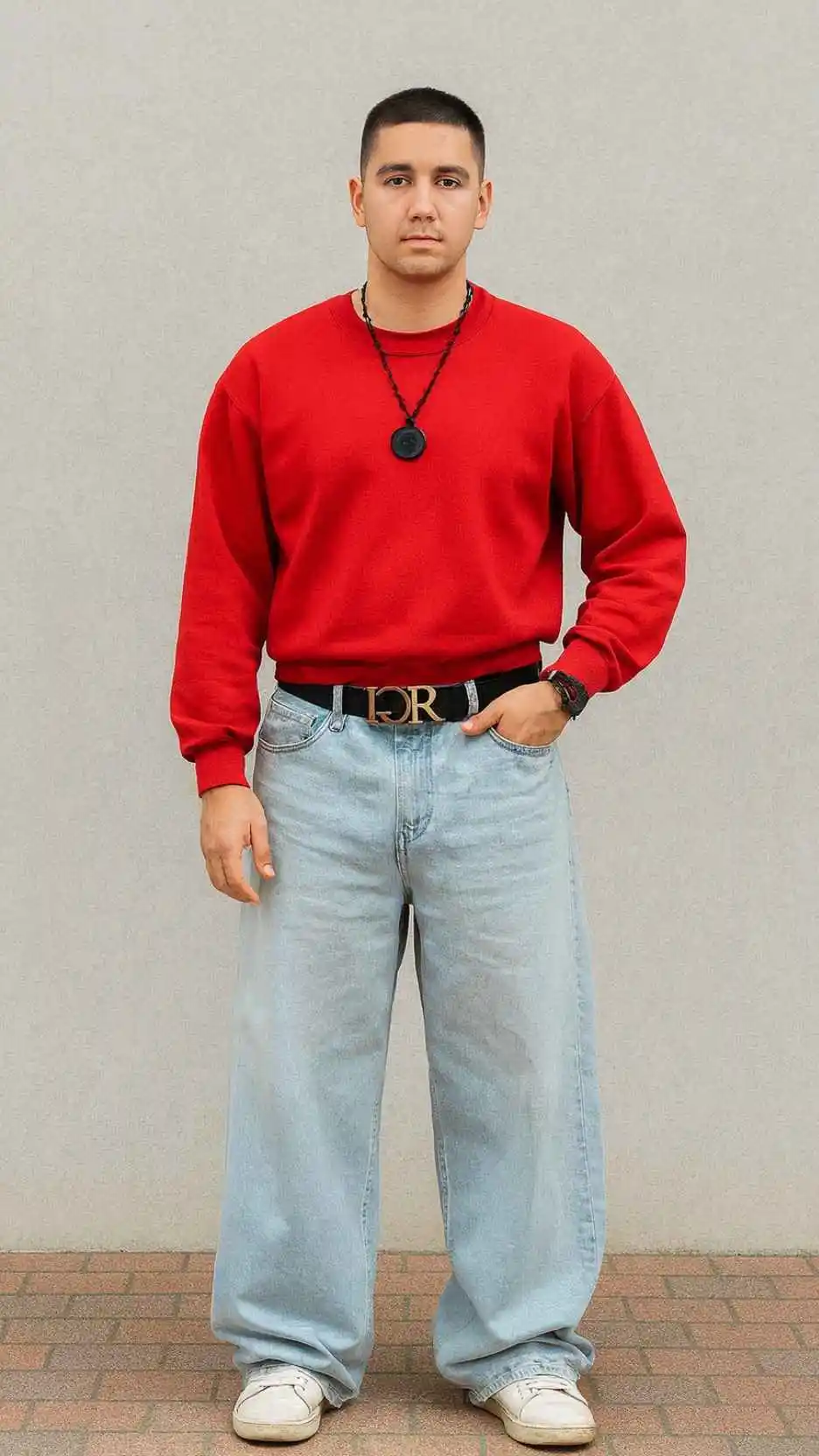 Red Sweater + Pendant Necklace + Light Blue Baggy Jeans + White Sneakers + Black Logo Belt + Keychain