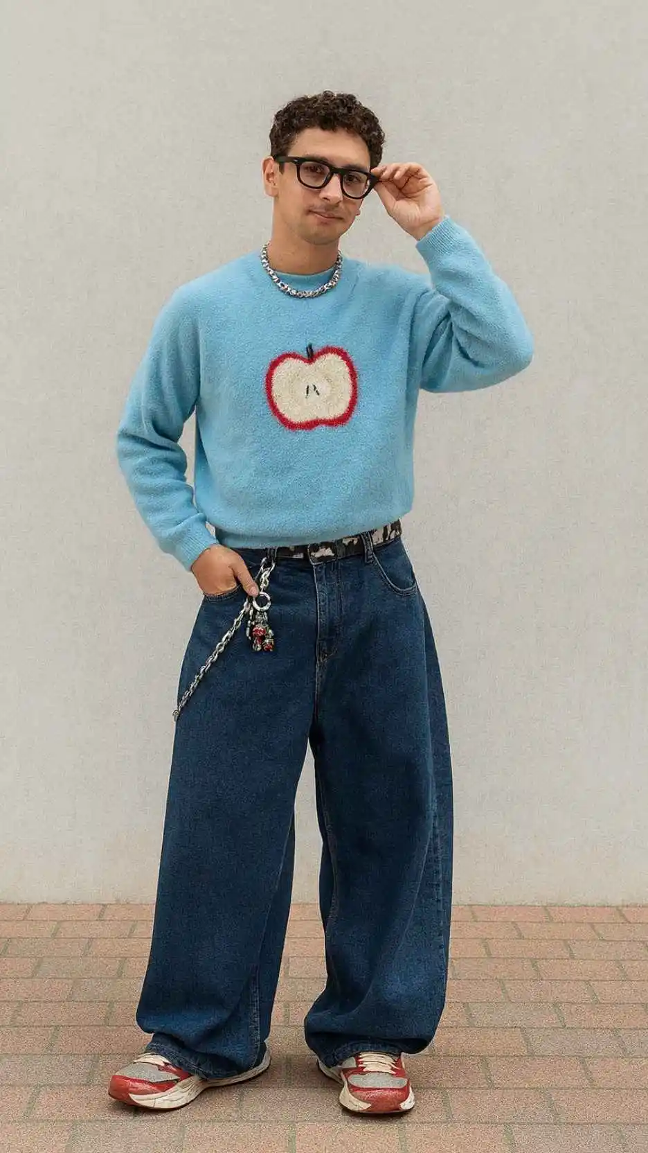 Blue Apple Sweater + Pearl Necklace + Dark Wash Wide-Leg Jeans + Red & White Sneakers + Chain Belt + Plush Charms