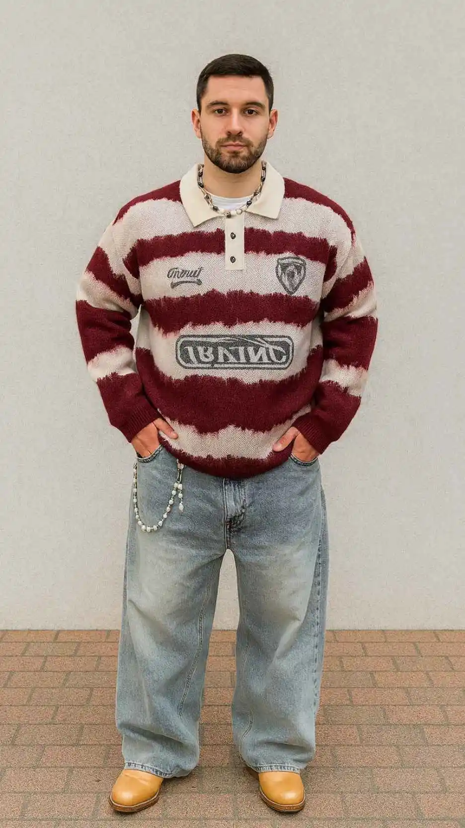 Maroon Striped Rugby Sweater + Washed Baggy Jeans + Yellow Boots + Pearl Chain