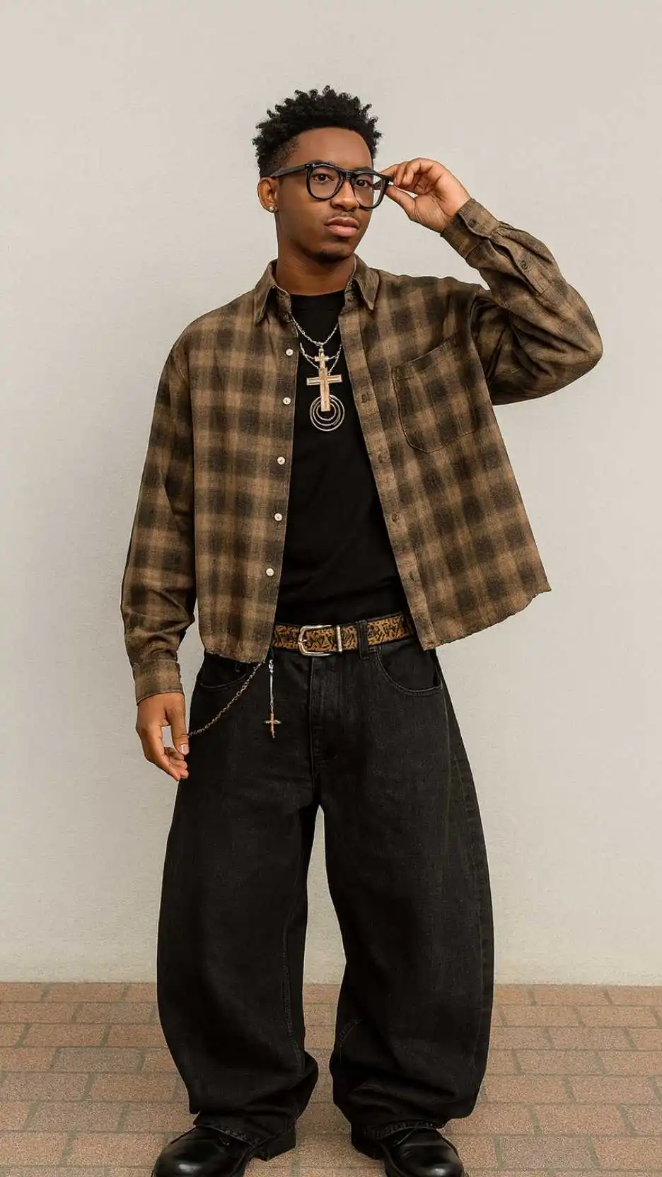 Brown Plaid Open Shirt + Black Tee + Black Wide Jeans + Leopard Belt + Layered Gold Jewelry + Chain with Cross + Black Boots