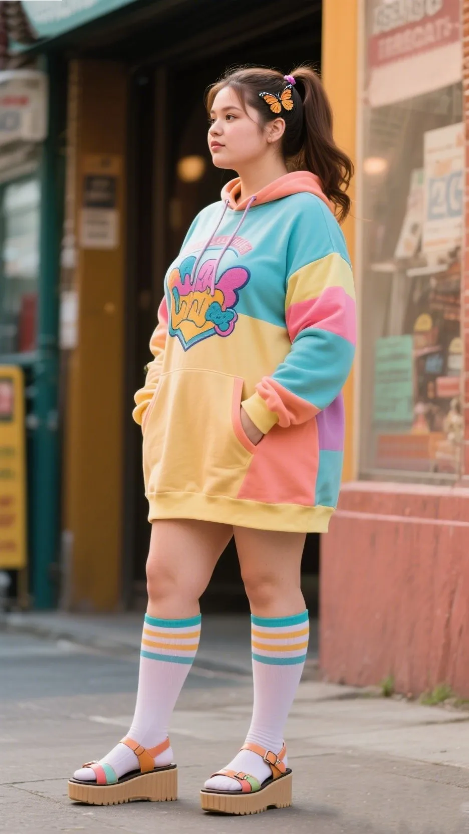 6. Graphic Hoodie Dress + Knee-High Socks + Platform Sandals
