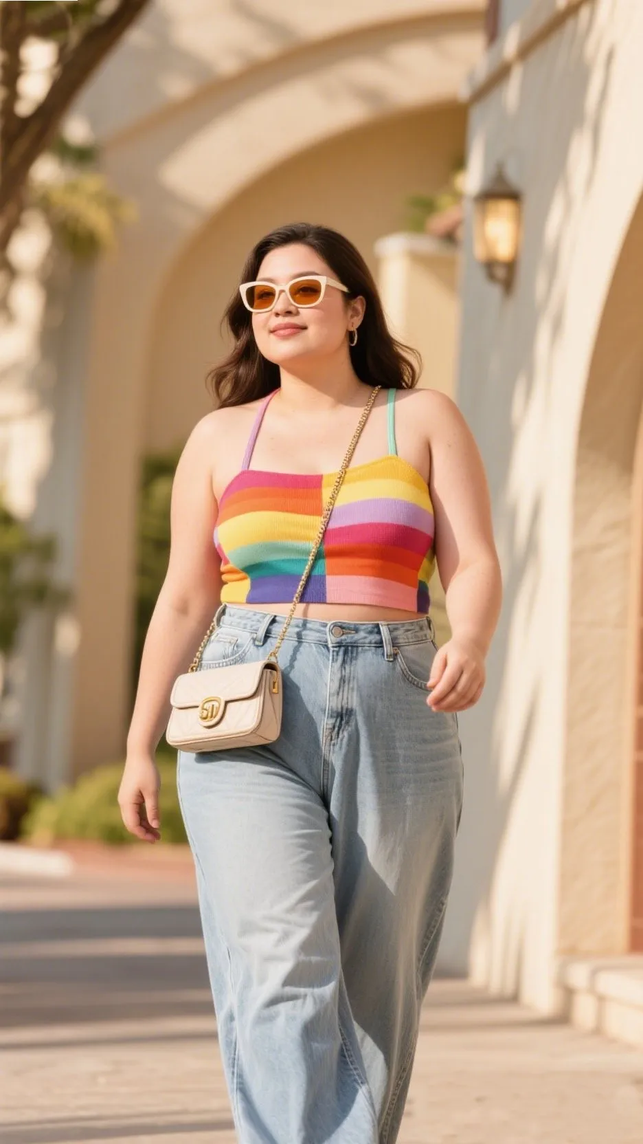 7. Halter Top + Wide-Leg Jeans + Mini Purse