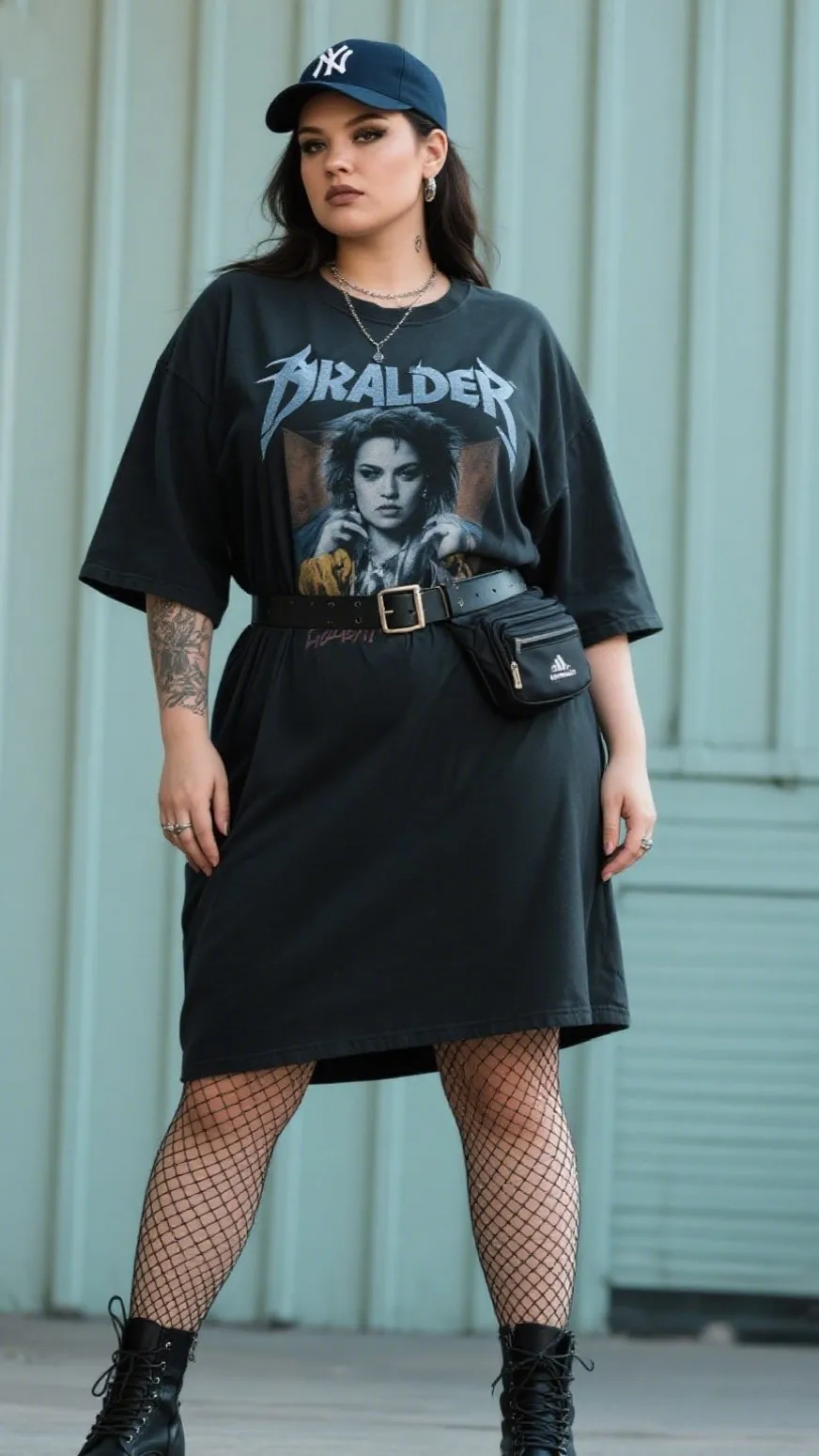 10. Oversized Tee Dress + Fishnets + Belt Bag