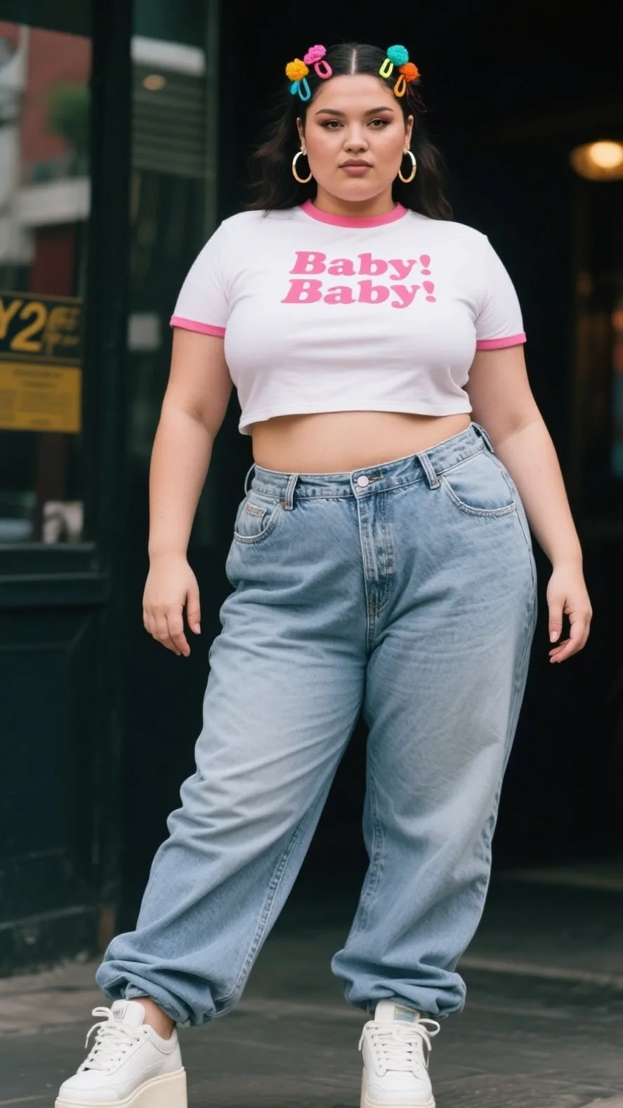 1. Baby Tee + Baggy Low-Rise Jeans + Platform Sneakers