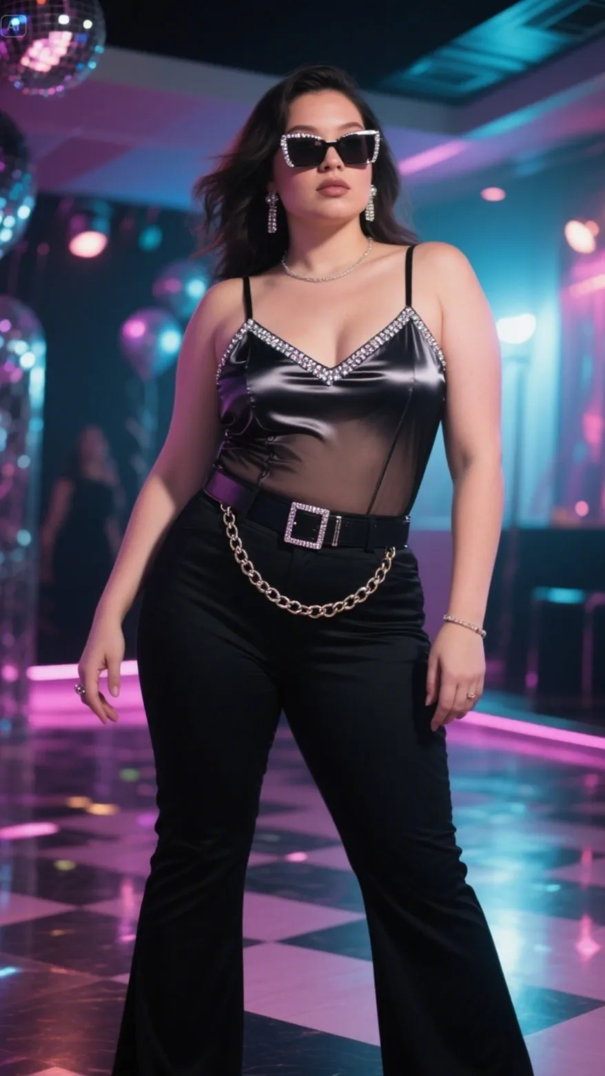 3. Cami Top with Rhinestone Straps + Flared Pants + Chain Belt