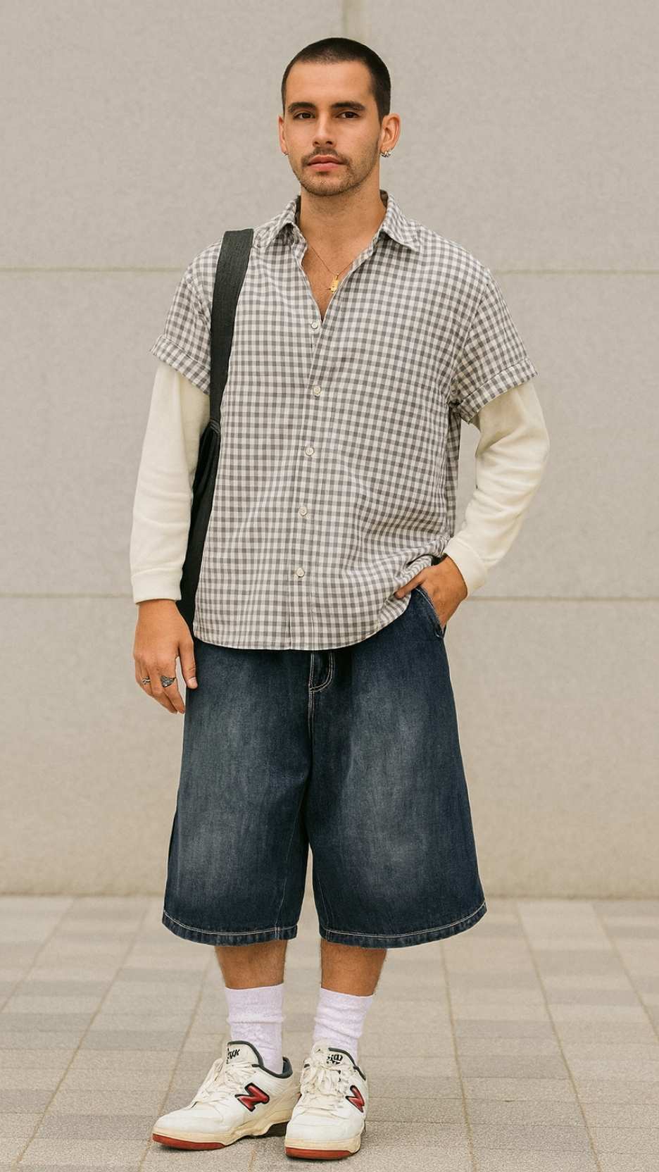 Gingham Camp Shirt + Off-White Long-Sleeve Tee + Washed Denim Culottes + White Crew Socks + New Balance 550 Sneakers
