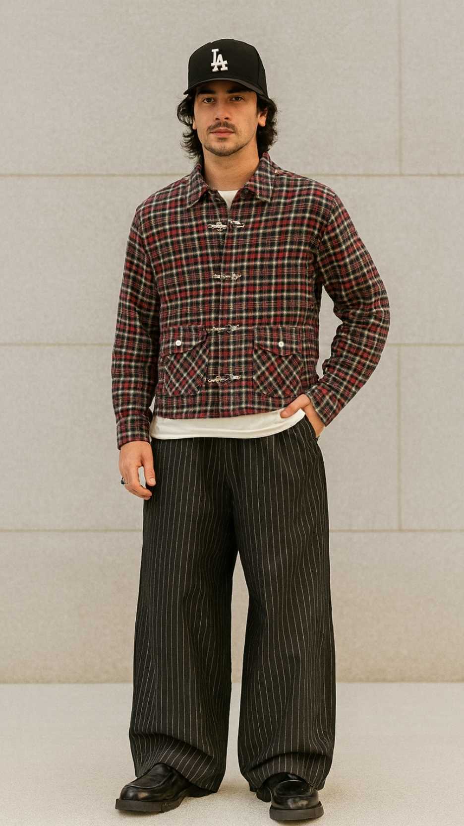 Black LA Cap + Plaid Clasp Jacket + White Tee + Ultra-Wide Pin-Stripe Trousers + Black Chunky Loafers