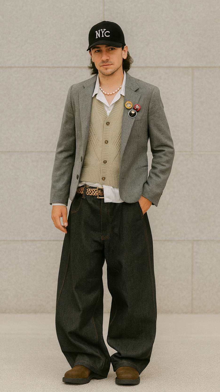 NYC Cap + Grey Blazer + Tan Cable Vest + Open-Collar White Shirt + Leopard Belt + Balloon Dark Denim + Brown Work Boots
