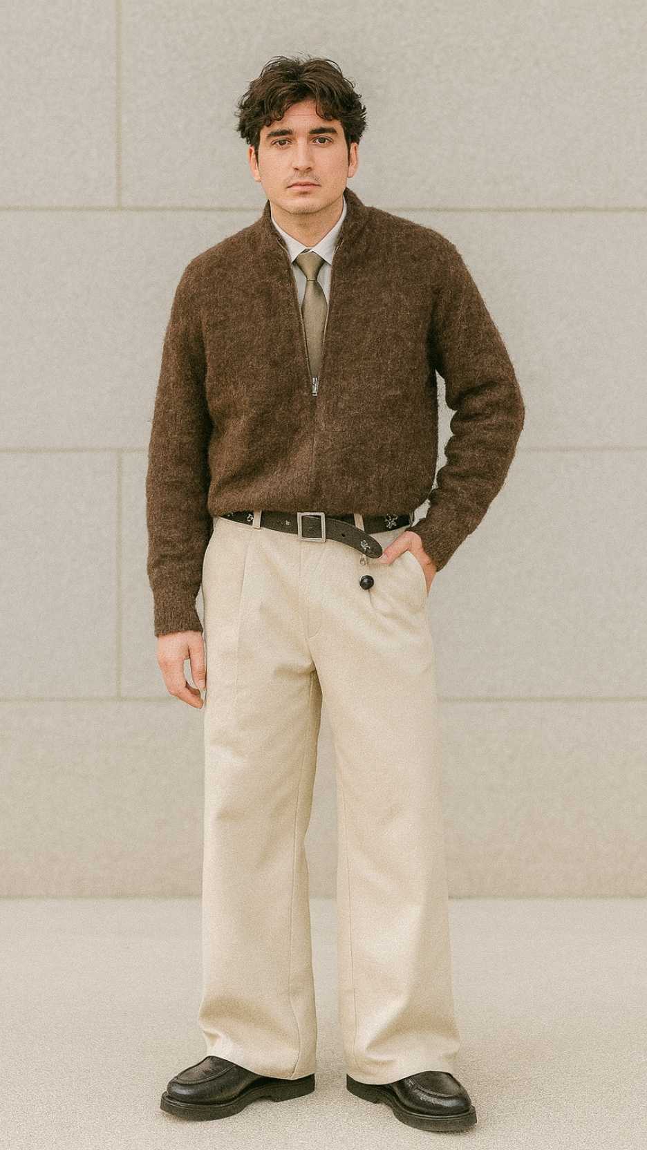 Mohair Zip Cardigan + Ivory Shirt + Taupe Skinny Tie + Stone Pleated Trousers + Black Studded Belt + Platform Loafers