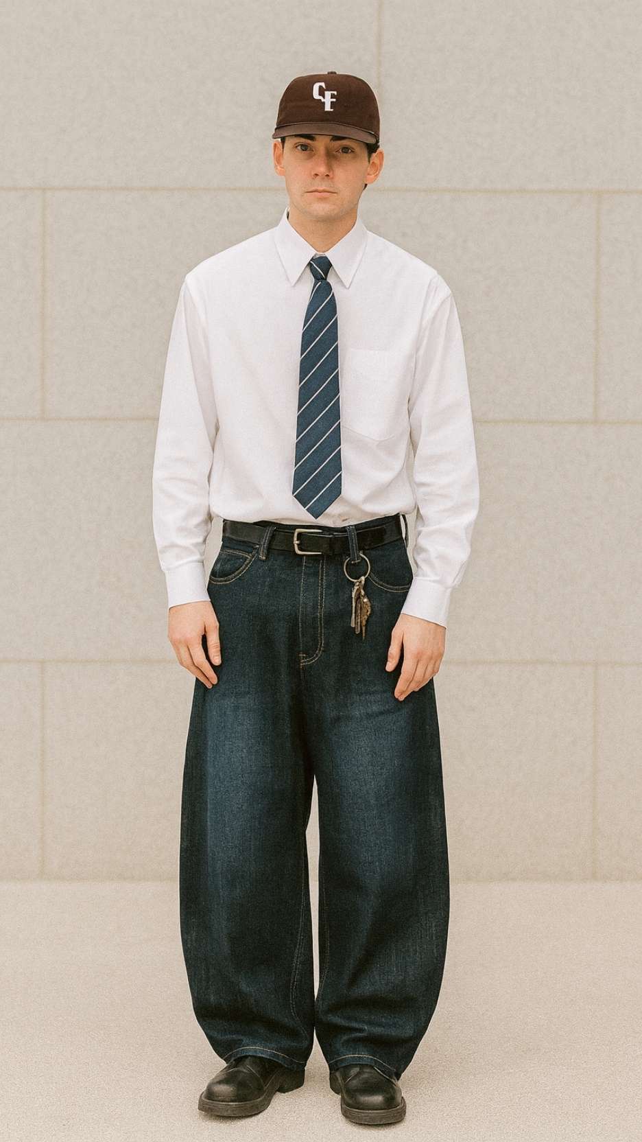 Script Cap + Oversized White Shirt + Navy Tie + Dark Puddle Jeans + Black Derby Shoes