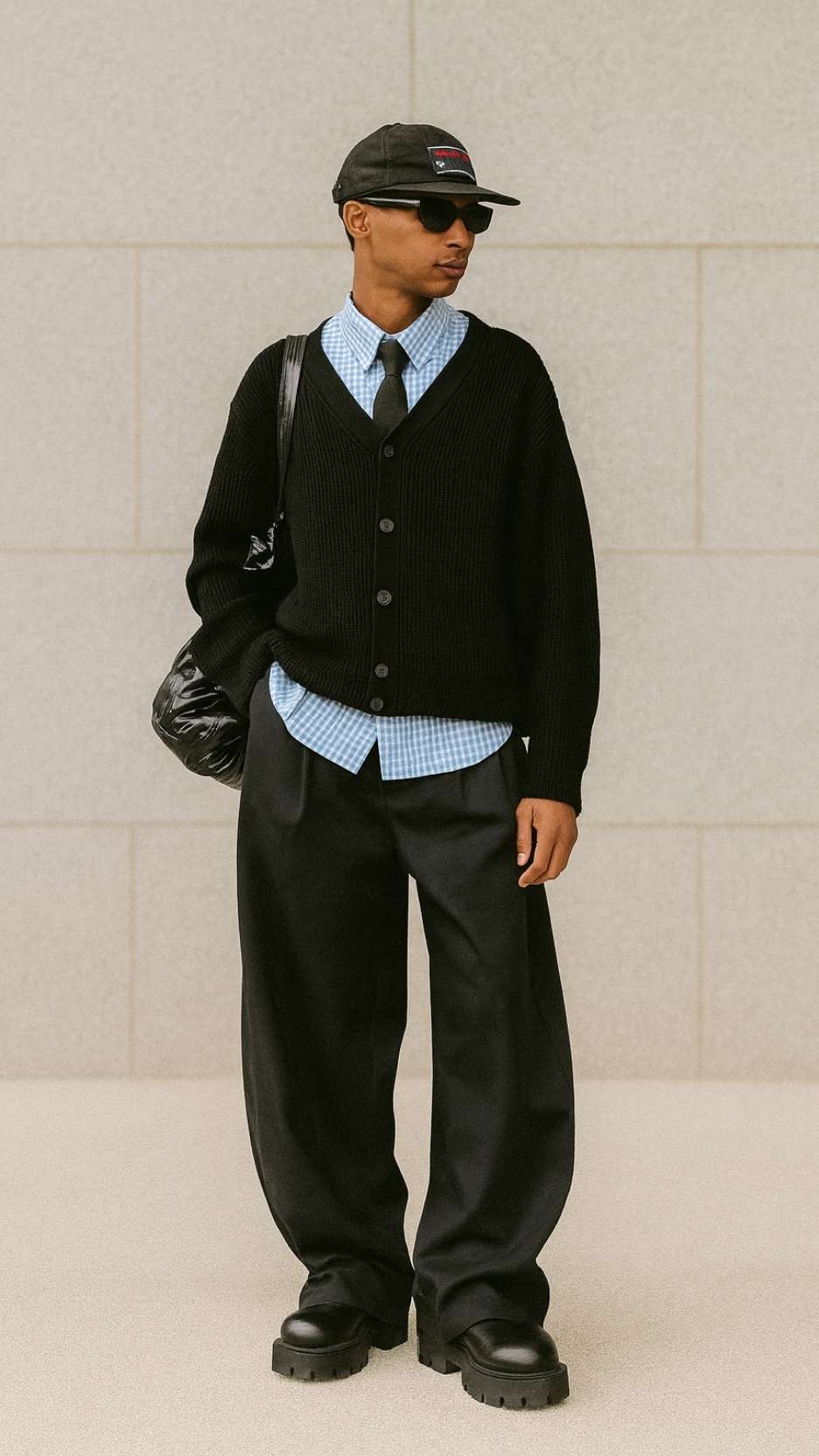 Embroidered Black Cap + Wrap Shades + Loose Cardigan + Blue Gingham Shirt + Slim Black Tie + Jet-Black Wide Trousers + Platform Shoes