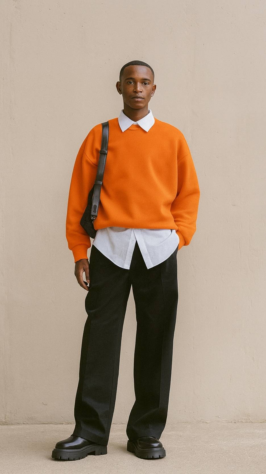 Orange Oversize Sweater + Extended-Hem White Shirt + Deep-Black Wide Trousers + Industrial Platform Boots